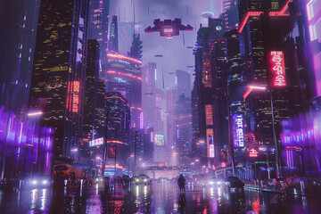 cyberpunk city, towering skyscrapers, neon lights, futuristic flying vehicles zooming overhead, gritty and dystopian atmosphere,  harsh neon lighting, amidst perpetual nightfall