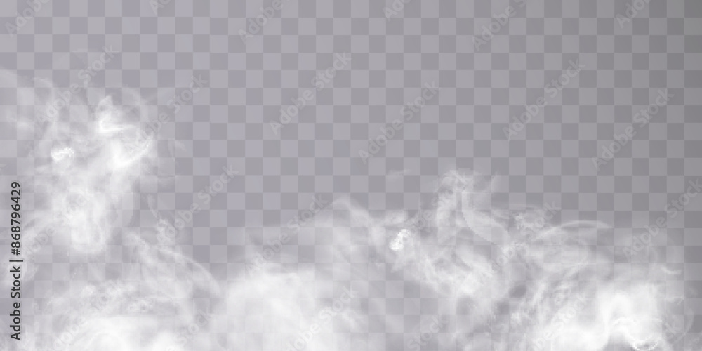 Poster White translucent smoke steam cloudiness fog smog background. Vector special overlay effect isolated on transparent background for web design and illustrations.