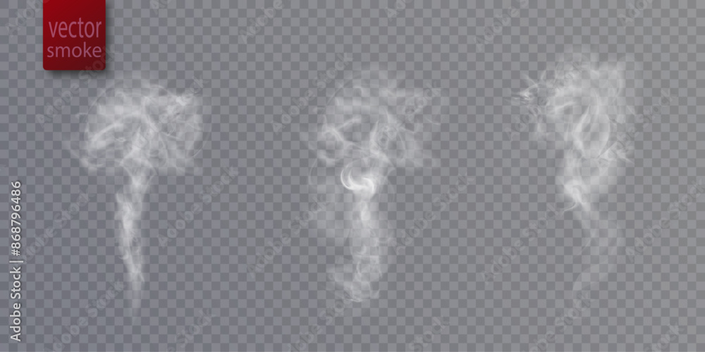 Poster White translucent smoke steam cloudiness fog smog background. Vector special overlay effect isolated on transparent background for web design and illustrations.