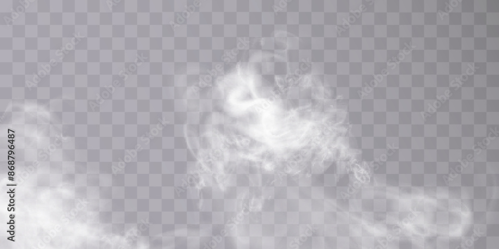 Poster White translucent smoke steam cloudiness fog smog background. Vector special overlay effect isolated on transparent background for web design and illustrations.