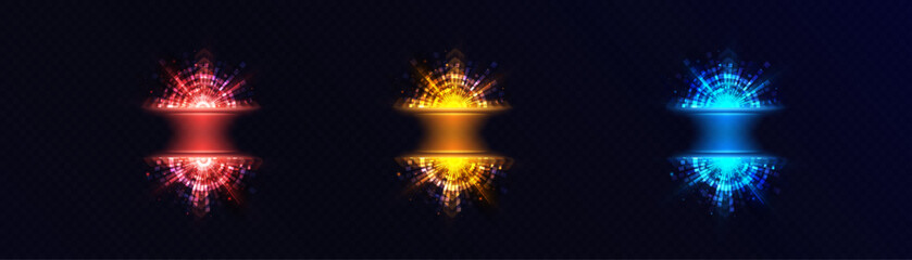 Neon teleportation portal, light aura in space. The bright light of a futuristic teleport. Magic gate in a fantasy game. Vector for web design and illustrations