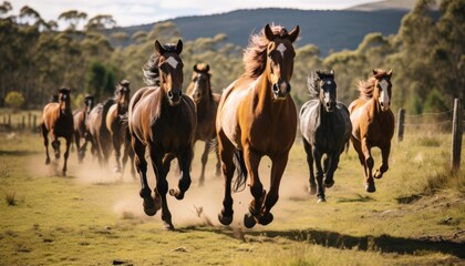 Obraz premium Herd of horses running in a field with dust trailing behind them