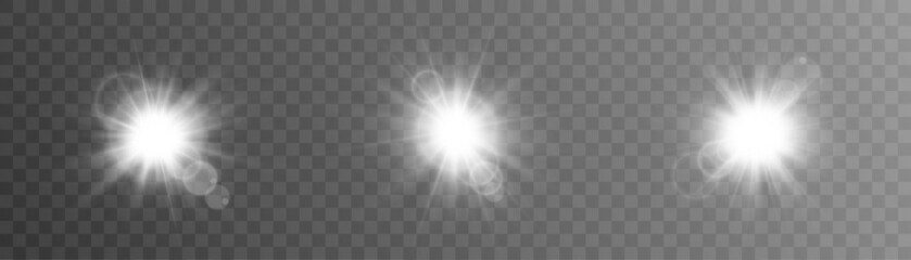 White glowing light explodes on a transparent background. Bright Star. Transparent shining sun, bright flash. Vector graphics.	