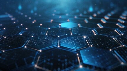 Obraz premium Futuristic hexagonal pattern with blue lights, representing digital technology and innovation. High-tech abstract background for tech themes.