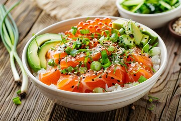 Salmon poke bowl with avocado Ahi shoyu vinegar sesame onion healthy Hawaiian food don style Japanese cuisine popular meal on wood backgroun