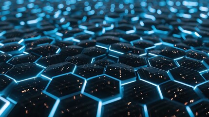 Obraz premium Futuristic hexagonal pattern with glowing blue lights creating a high-tech, digital abstract background, ideal for technology themes.