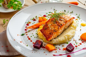 Salmon with potato carrot and beetroot puree Delicious nutritious lunch Presented elegantly on white plate and wooden table