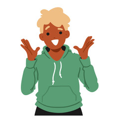 Happy Cartoon Character With Surprised Expression. Person Wearing A Green Hoodie And Has A Joyful Face With Raised Hands
