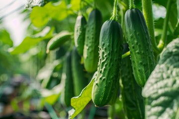 Fresh cucumbers growing on a vine in a greenhouse garden.
