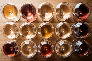 Top View of Various Wine Glasses with Different Wine Colors on a Wooden Background