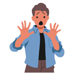 Cartoon Illustration Of A Man With A Shocked And Scared Expression, Hands Raised In Front. Concept Of Fear