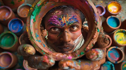 Close-up of potter's intense focus as they meticulously paint intricate designs on a clay pot, with vibrant paints.