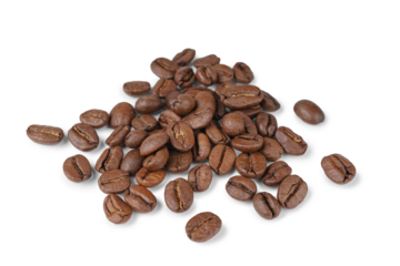 Pile, scattering of aromatic roasted arabica coffee beans close up, macro isolated on white, transparent  background. Cut out design element