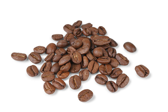 Pile, scattering of aromatic roasted arabica coffee beans close up, macro isolated on white, transparent  background. Cut out design element