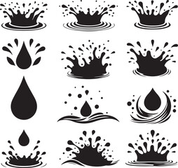 Water drops and splash silhouette in simple doodle style. Set different liquid shapes and silhouette.