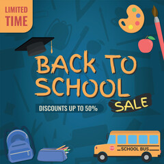Fototapeta premium Back to School SALE, Layout and Logo - School Items around Logo with Graduation Cap on Blue School Itens Silhouettes Background. Limited Time, Discounts 50%, Square Shape.
