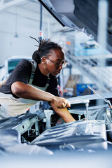 Repair shop technician inspects car engine issues using advanced mechanical tools, ensuring peak...