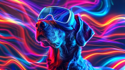 Futuristic depiction of a dog wearing VR goggles with neon light trails. Concept of technology, virtual reality, pet, modern aesthetics