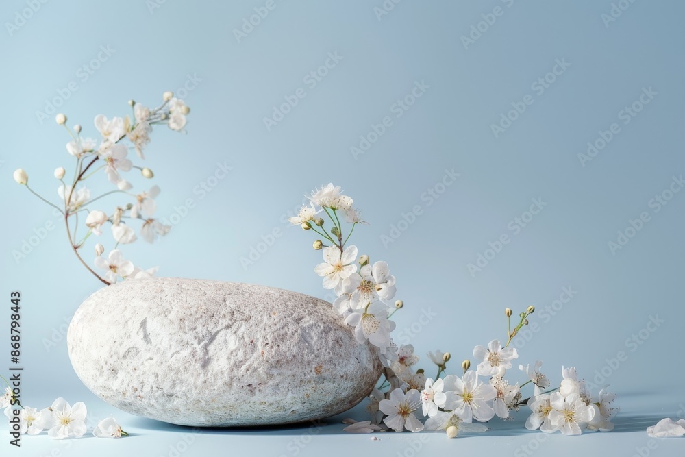 Sticker Simple scene with stone flowers and light blue background Runway for product and cosmetic display Stage for showcasing natural products