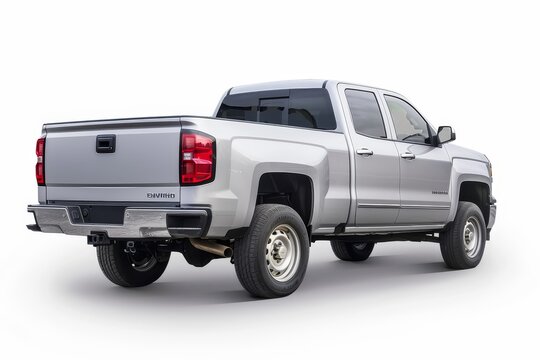 Silver pick up truck isolated on white background back view with clipping path