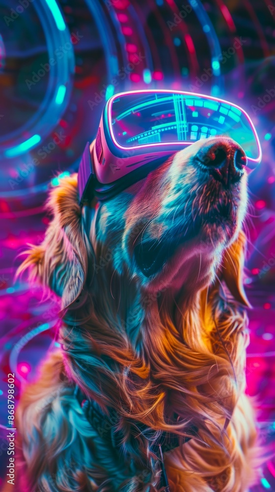 Wall mural Golden Retriever dog wearing virtual reality goggles with neon lights in the background. Concept of futuristic pets, technology, and entertainment. Vertical