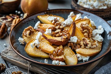 Sliced pear chips with cottage cheese and walnuts a healthy vegan dessert Sugar free option for a restaurant furshet