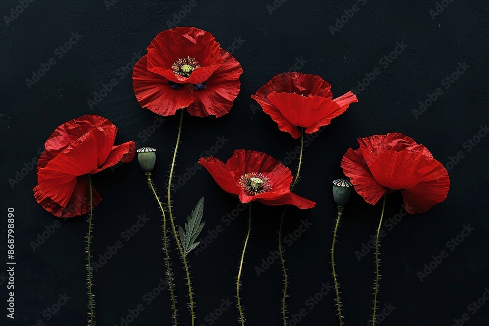 Wall mural red poppies on black background. remembrance day, armistice day symbol