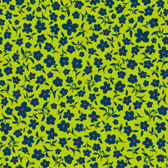 Blue, hand drawn flowers with leaves seamless repeat pattern. Random placed, vector botany aop all over surface print on lime green background.