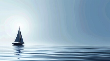 A minimalist silhouette of a sailboat sailing on calm water, captured at sunset. Generative AI