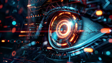 Security technology concept, eye viewing digital information with glowing circles and signs, detailed holographic elements, background depth of field, sleek modern design, 