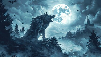 Werewolf howling at the full moon in a dark forest at night. Concept of mythical creature, Halloween, fantasy, supernatural beings