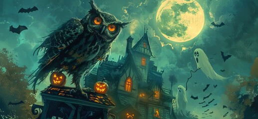 Spooky owl on a haunted house rooftop under a full moon night. Concept of Halloween, spooky atmosphere, eerie scene, haunted house