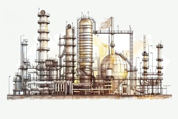 A hand-drawn illustration depicting a distillation column within a large industrial plant. Generative AI