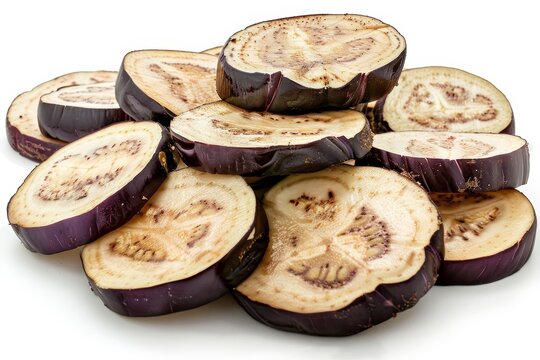 Stack of eggplant slices on white surface