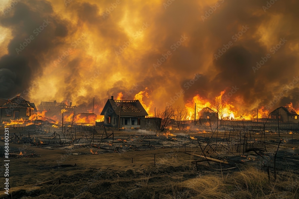 Poster Steppe fires during drought destroy fields causing environmental and economic damage Fires threaten homes requiring residents to extinguish