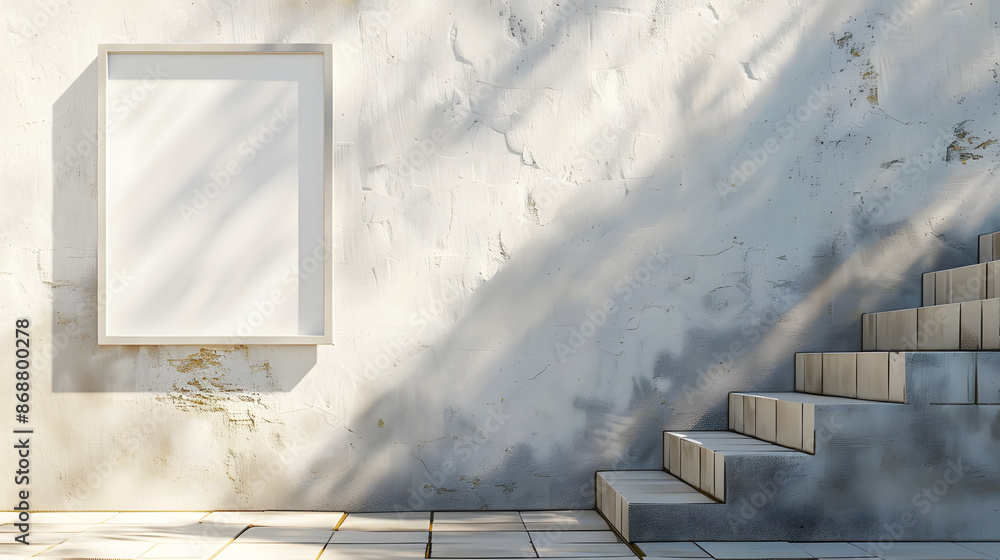 Poster sunlight casts shadows on minimalist stone steps and a blank frame on a textured wall, creating a se