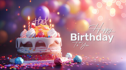 Colorful happy birthday background with festive elements balloons, confetti, and cake, creating a joyful celebration atmosphere