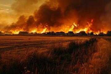 Steppe fires during drought destroy fields causing environmental and economic damage Fires threaten buildings residents extinguish