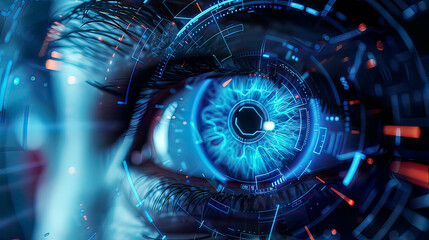 Fototapeta premium Biometric eye scan interface, detailed holographic elements, glowing blue patterns, intricate cyber patterns, modern tech background