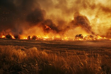 Fototapeta premium Steppe fires in severe drought destroy fields causing damage to environment and economy of the region The fires also threaten residential bu