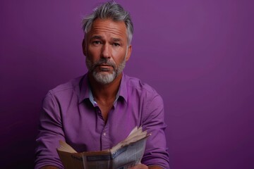 Serious Man Reading Newspaper Against Purple Background. A mature man with a serious expression reading a newspaper, sitting against a vivid purple background.