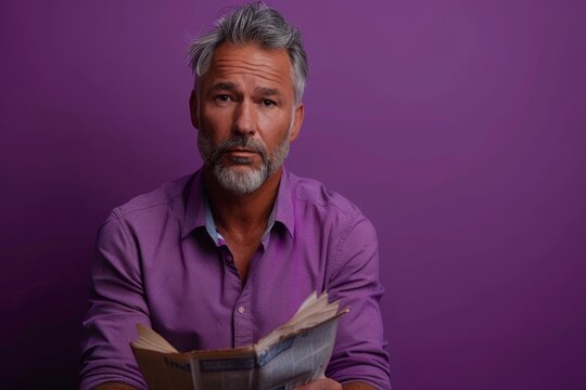 Serious Man Reading Newspaper Against Purple Background. A mature man with a serious expression reading a newspaper, sitting against a vivid purple background.