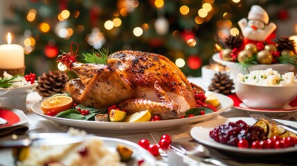 Roast turkey with garnishes on a festive table. Concept of holiday feast, Christmas dinner, traditional celebration, festive meal