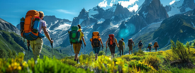 Mountain travel hike people adventure man summer journey tourism group sunset trekking. Hike travel woman mountain walk active backpack nature together sport young trail outdoor tourist hiker person