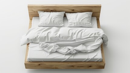 Top View of Wooden Bed with White Sheet and Pillows