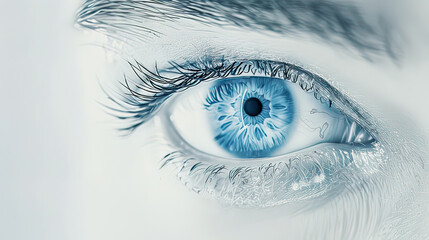 Blue eye of a woman in motion, intricate iris details, white background, wide banner format, high-tech aesthetic, subtle illumination