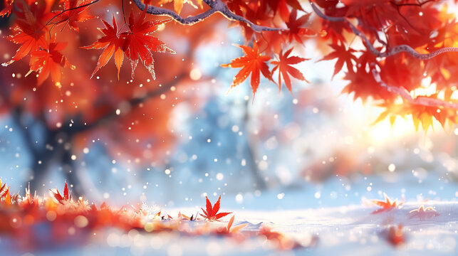 fantasy autumn red leaves, fall season, snow and maple leaf. Wall Art Poster Print Design for Home Decor, Decoration Artwork, Wallpaper & Background