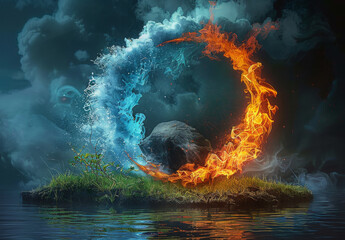 The four elements of nature in a breathtaking creative design. All four elements forming a circular shape. Earth, wind, fire, air, water. Dramatic dark background emphasizing the elements in the cente