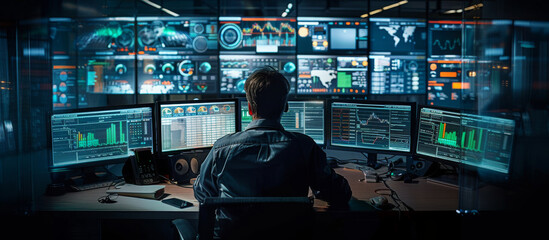 wide banner of security CCTV cameras and guard monitoring screen hud UI for advanced surveillance secure protection system and recording tape archive with online network IP connection