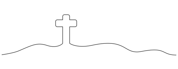 Single Continuous Line Christian Cross with Mountain Curves - Minimalist Vector Illustration Isolated on Transparent Background
